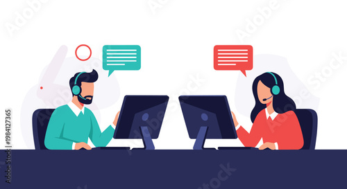 Male and female customer support operators working at their computers with headsets and colorful message speech bubbles.