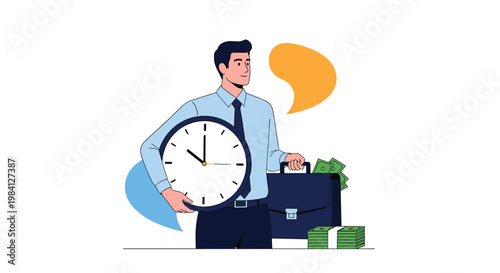 Businessman holding a large wall clock next to a briefcase overflowing with money representing the value of time in business.