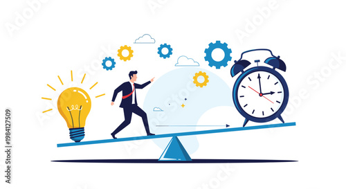 Businessman running on a balance scale between a glowing light bulb and a large alarm clock showing the value of time.