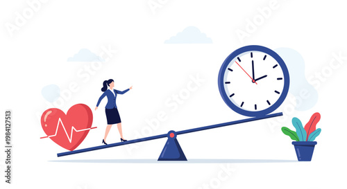 Professional woman walking on a balance scale weighing a healthy heart against time for a better work life balance.