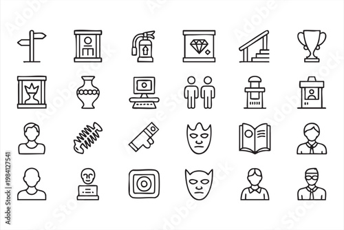 Museum culture and security surveillance line icons for heritage exhibition and tourism platforms