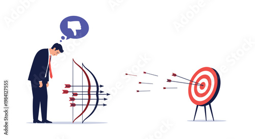 Disappointed male archer feels sad after missing his target while a thumbs down icon bubble reflects poor performance and failed goals.