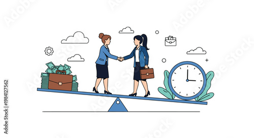 Two professional women shaking hands on a balanced scale with money and time representing a fair deal or successful business negotiation.