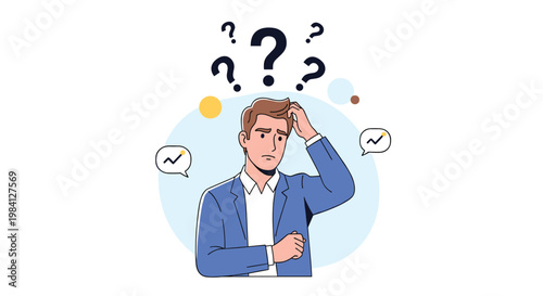 Confused corporate professional in a blue suit scratching his head with question marks and fluctuating stock market graph bubbles.