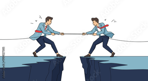 Two determined men in suits engage in a fierce tug-of-war battle across a deep canyon gap representing intense corporate competition.
