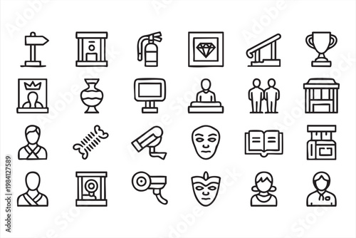 Cultural artifacts, monitoring camera and gallery outline icons for museum and archive systems