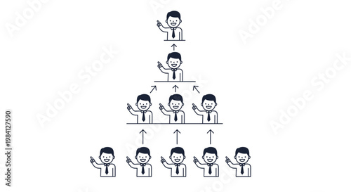 Organizational structure showing a hierarchy of businessmen pointing in different directions for strategic leadership and team management.