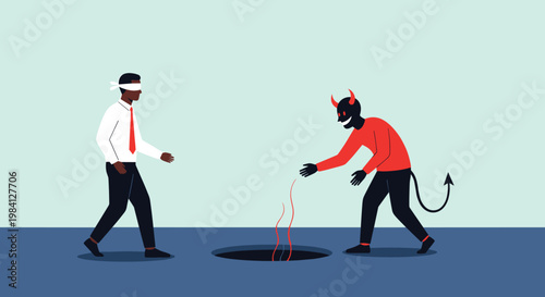 Blindfolded businessman being lured into a deep hole by a red devil figure representing deception, traps, and poor decision making.