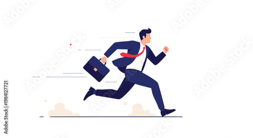 Determined businessman in a blue suit with a red tie runs fast with a briefcase representing the fast-paced nature of modern corporate life.