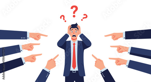 Overwhelmed businessman feeling stressed and anxious as multiple hands point fingers at him with question marks above his head.
