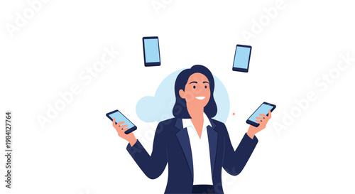 Professional businesswoman smiling while multitasking by juggling four smartphones representing digital communication and high workload.