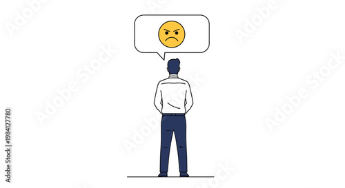 Frustrated man standing alone with a thought bubble displaying an angry emoji representing negative emotions and stress.