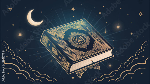 Islamic holy book quran floating in night sky with moon and stars divine light spiritual journey religion crescent spiritual calligraphy