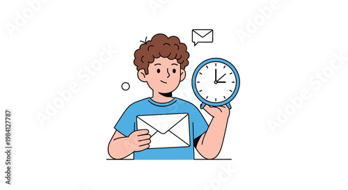 Young man holding a blue alarm clock and a white envelope to illustrate concepts of deadlines and timely communication.