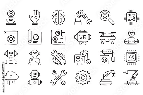 Robot automation, virtual reality and drone technology icons for innovation and development