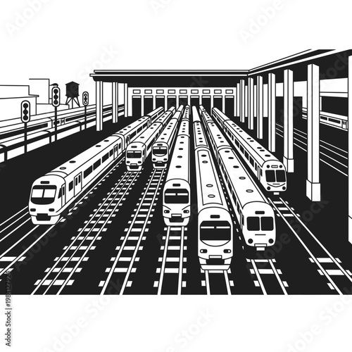 Modern Train Station with Multiple Tracks and Trains Lined Up