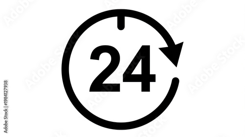 A black icon of a 24-hour clock with an arrow on a white background