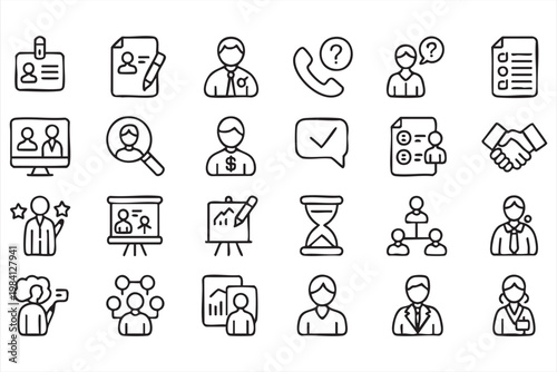 Business communication, customer support and HR workflow icons for office systems