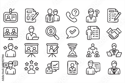 Recruitment, leadership and team management outline icons for corporate organization