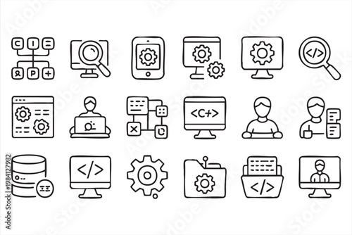 Software development and programming line icons for coding workflow and application engineering systems