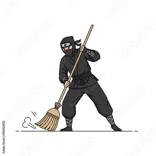 Ninja cleaning with broom