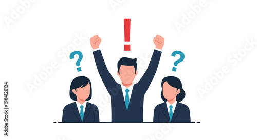 Successful businessman with an exclamation mark over his head standing between two coworkers with question marks.