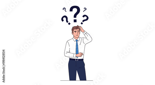 Confused man in professional attire scratching his head with several question marks floating above for indecision.