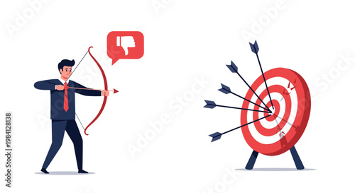 Sad businessman aiming a bow and arrow at a target already filled with missed shots to illustrate failure and persistence.