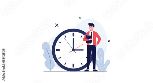 Professional businessman in a red shirt standing confidently next to a giant wall clock representing time management.