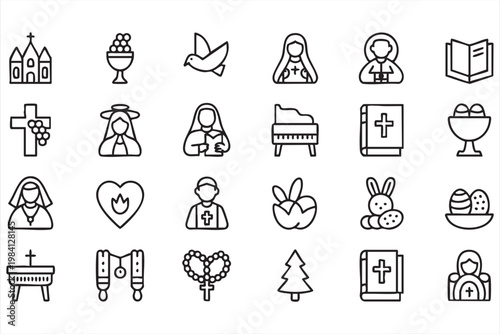 Christian religion and faith line icons for church worship and spiritual practice systems