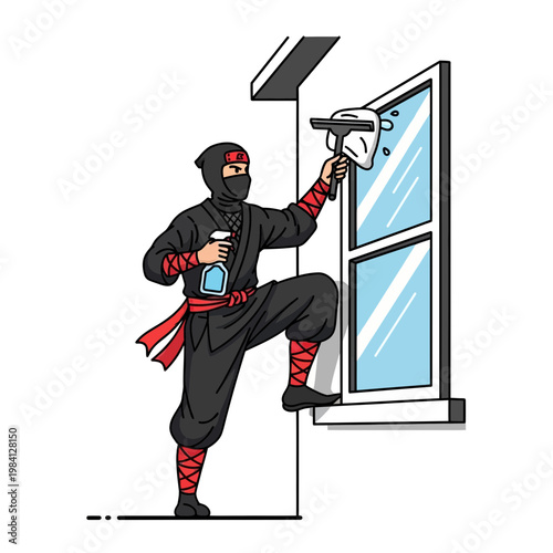 Ninja cleaning window with spray bottle