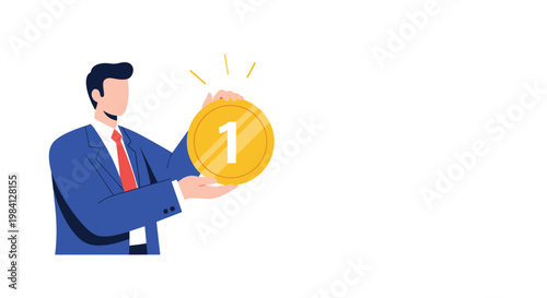 Proud businessman holding a large gold coin with the number one to celebrate financial success or top business ranking.