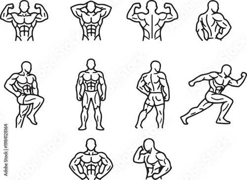 Bodybuilder muscles vector illustration. Bodybuilder parts icons Muscles, linear style icons set.