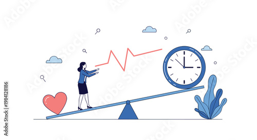 Professional businesswoman standing on a seesaw between a large heart and an alarm clock to manage her work-life balance effectively.