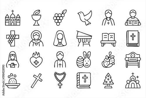 Church, bible and prayer symbols line icons for religious ceremony and spirituality use