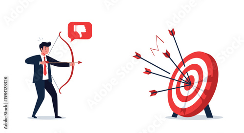 Frustrated businessman failing to hit bullseye with bow and arrow represents missed opportunities and low performance.