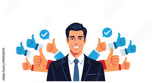 Successful professional man receiving multiple positive feedback and approvals from colleagues for his excellent performance.