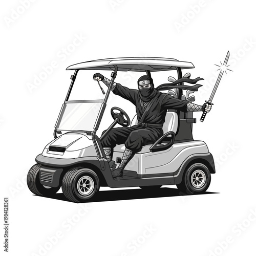 Ninja driving golf cart, holding sword