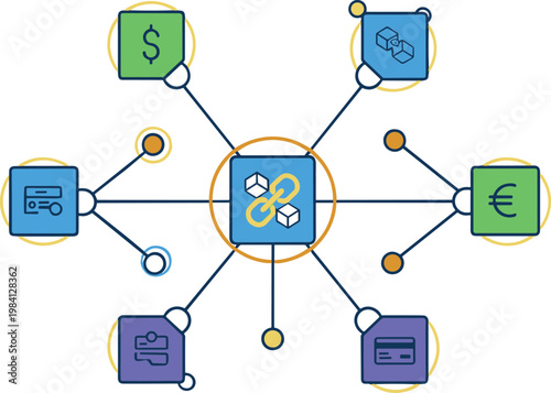 Blockchain technology network with cryptocurrency finance icons secure digital transaction system and decentralized connection illustration