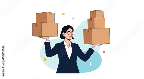 Businesswoman balancing various cardboard boxes on her hands represents effective multitasking and logistics management.