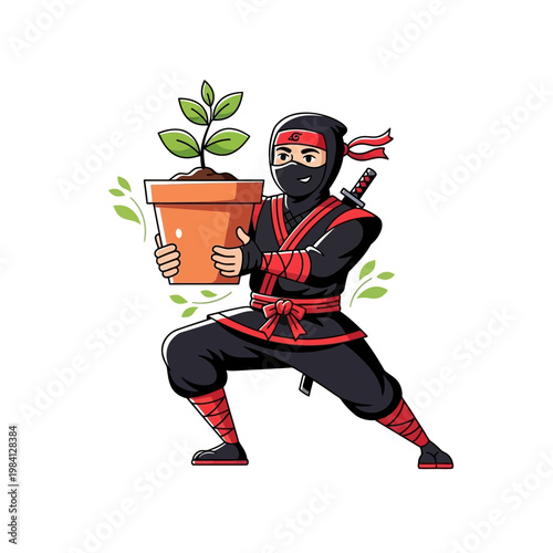 Ninja holding a potted plant