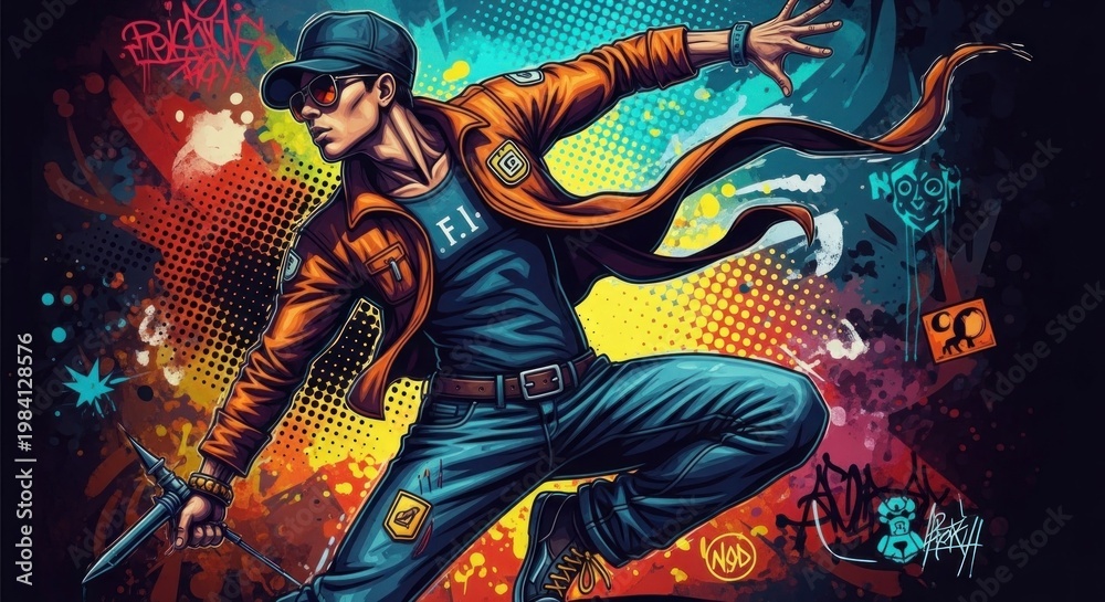 Fototapeta premium A colorful, dynamic urban street art illustration of a young man in an orange jacket and cap, with a knife in his hand, against a vibrant, graffiti-covered background with dots and lines.
