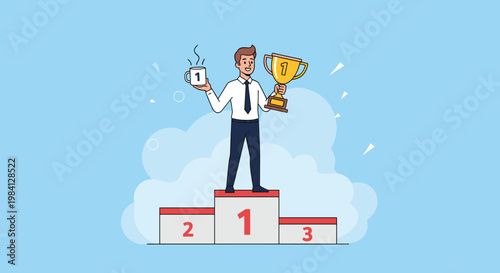 Cheerful winner standing on number one podium with golden trophy and number one mug celebrating business success.