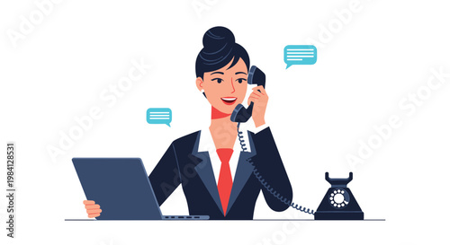 Busy businesswoman managing communications via telephone and laptop while handling multiple client inquiries and messages.