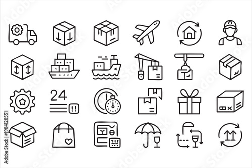 Shipping, freight and courier service line icons for global supply chain operations