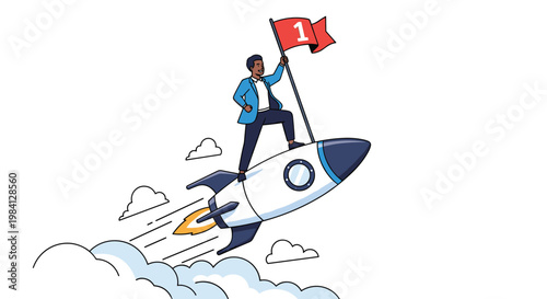 Ambitious businessman riding a fast rocket while holding a number one flag to symbolize rapid career growth and success.