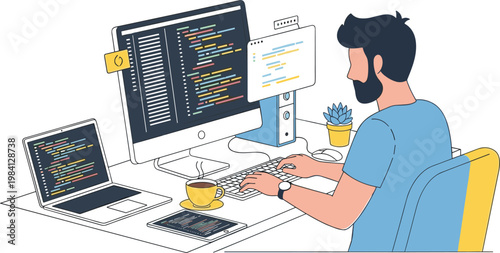 Software developer coding on computer workstation with multiple screens programming technology workspace and web development concept illustration