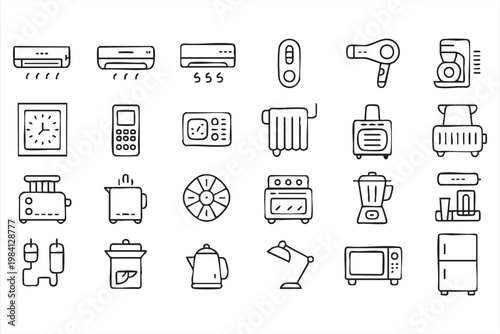 Home appliances and kitchen electronics line icons for household equipment and smart home systems