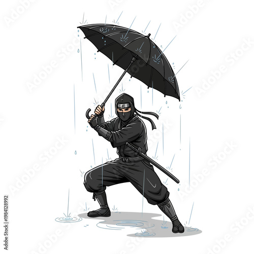 Ninja warrior holding umbrella in heavy rain