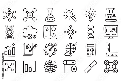 Scientific research, laboratory tools and data analysis icons for innovation and engineering